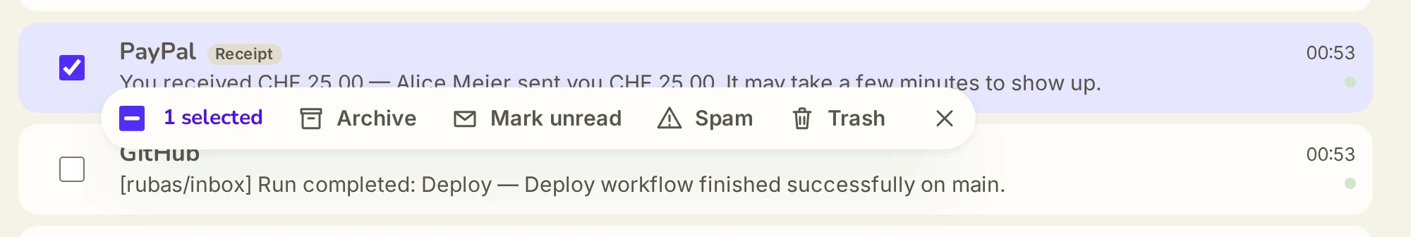 A · Centred card, 1440 px, one seen row checked, seen rows around it