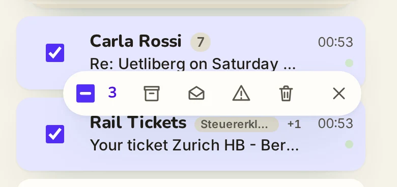 A · Centred card, 390 px, three rows checked, the bar under Carla (fresh) over Rail Tickets (checked)