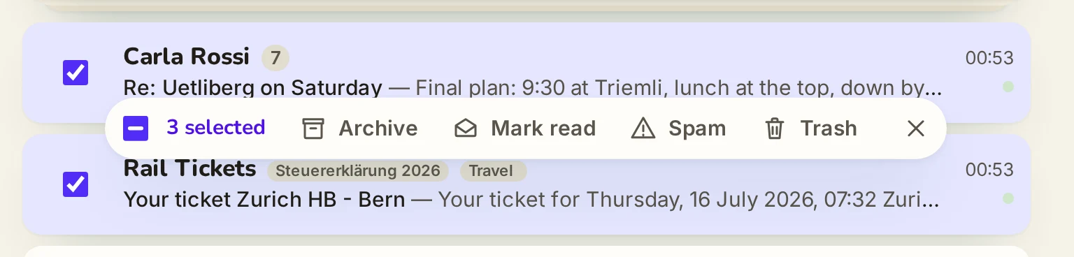A · Centred card, 768 px, three rows checked, the bar under Carla (fresh) over Rail Tickets (checked)