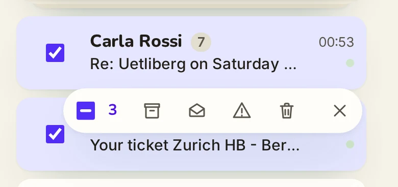 B · Hanging card, 390 px, three rows checked, the bar under Carla (fresh) over Rail Tickets (checked)