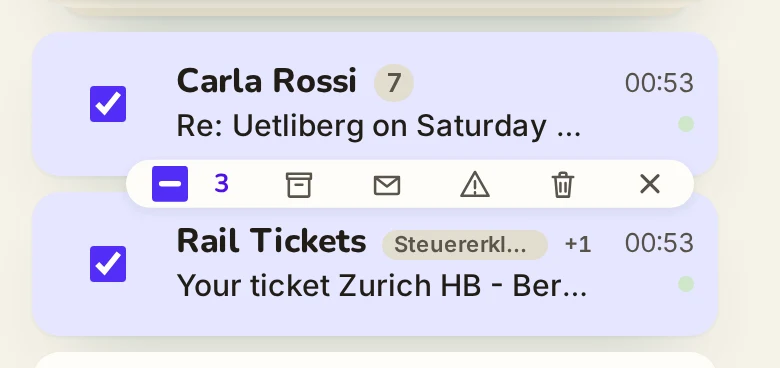 Before (main), 390 px, three rows checked, the bar under Carla (fresh) over Rail Tickets (checked)