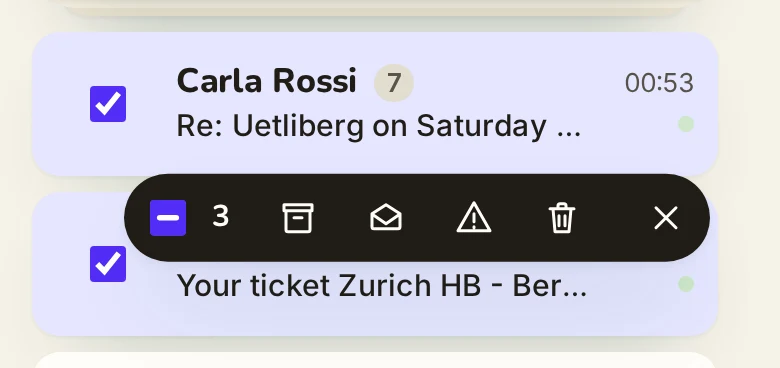 C · Hanging ink, 390 px, three rows checked, the bar under Carla (fresh) over Rail Tickets (checked)